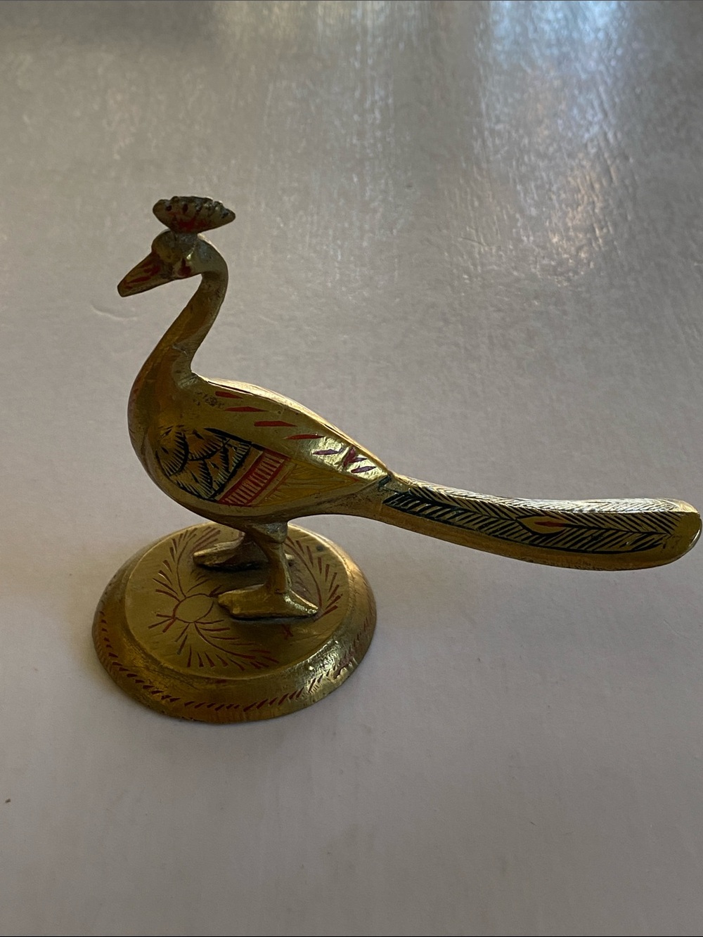 Solid Brass Peacock Figurine Decorative with Etched Details and Red Accents